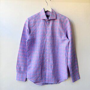 Canali Men’s Linen blend  Button-Up Shirt Size S Pink Blue checkered